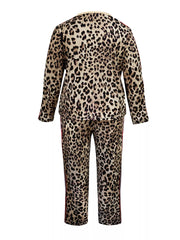 Leopard print plus size two-piece set in tan with red stripe detail.