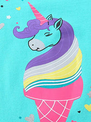 Toddler aqua cotton sleepwear set with a unicorn ice cream cone graphic and scattered hearts.