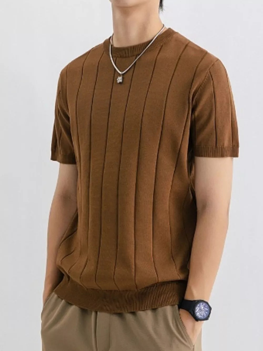 Men's brown ribbed crew neck tee with vertical stripes and short sleeves.