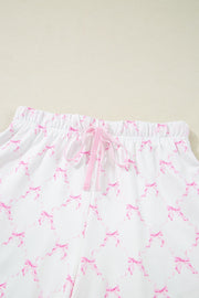 Pink bow print loungewear shorts with drawstring and elastic waist