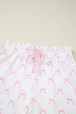 Pink bow print loungewear shorts with drawstring and elastic waist