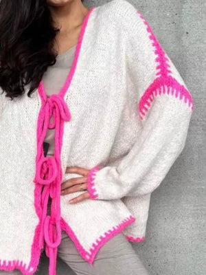 Tie Front Drop Shoulder Cardigan in White, view 11
