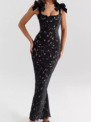 Black floral lace maxi dress with tie shoulder bows and cutout detail