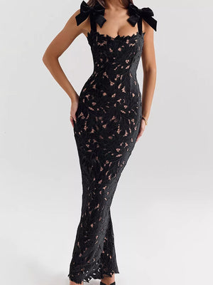 Black floral lace maxi dress with tie shoulder bows and cutout detail