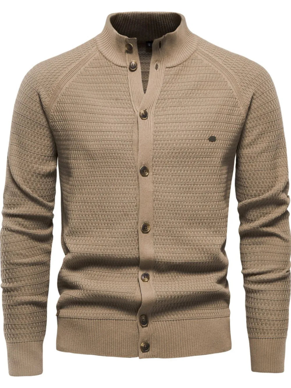 Textured knit stand collar cardigan in caramel with button closure and subtle diamond pattern detail.