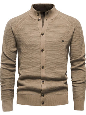 Textured knit stand collar cardigan in caramel with button closure and subtle diamond pattern detail.