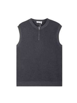 Men's dark gray textured knit quarter-zip sleeveless tank top