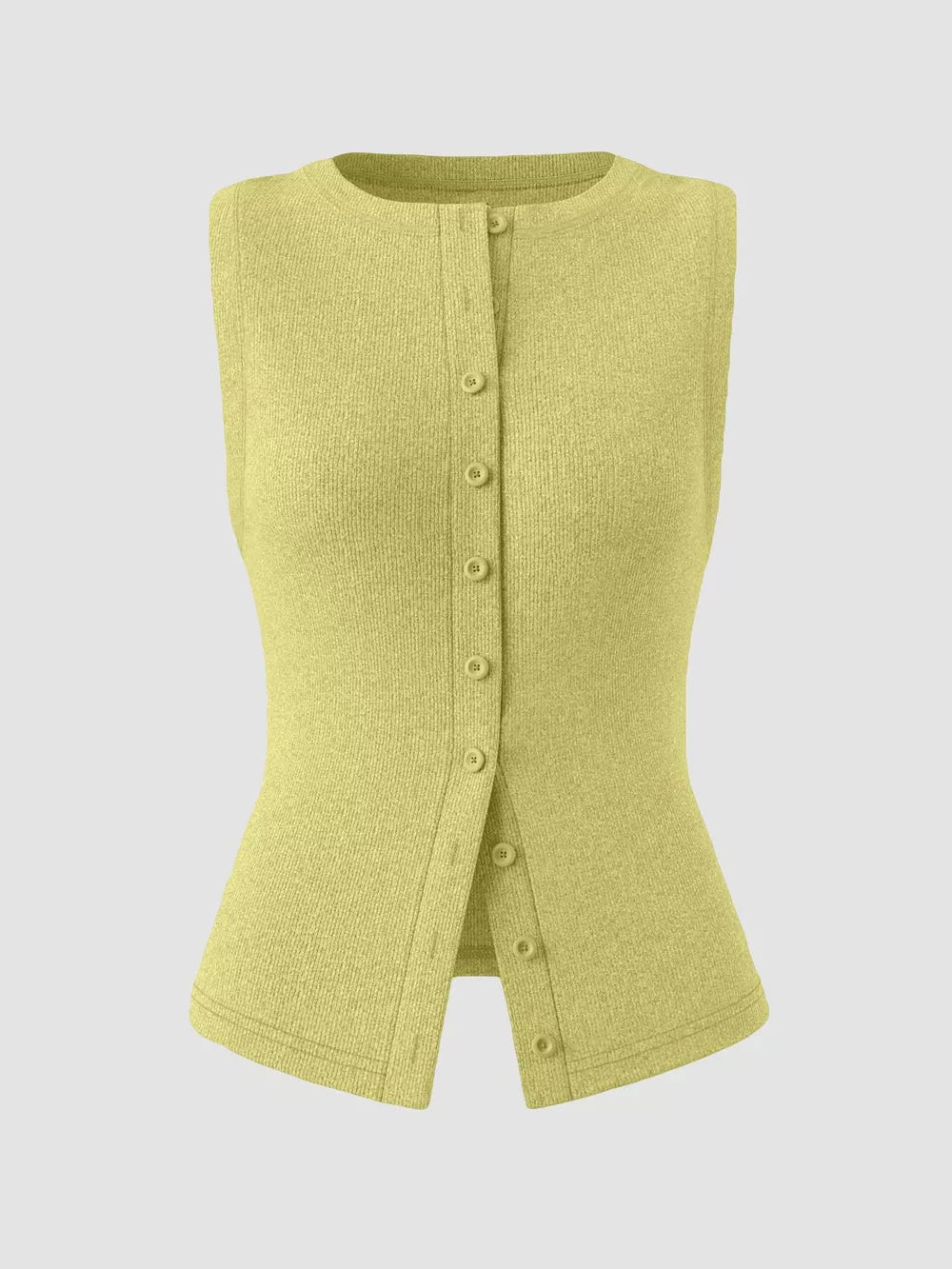 Yellow ribbed button-front tank top with a fitted silhouette and crew neckline.