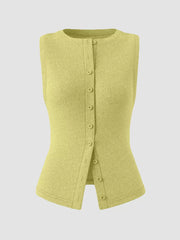 Yellow ribbed button-front tank top with a fitted silhouette and crew neckline.