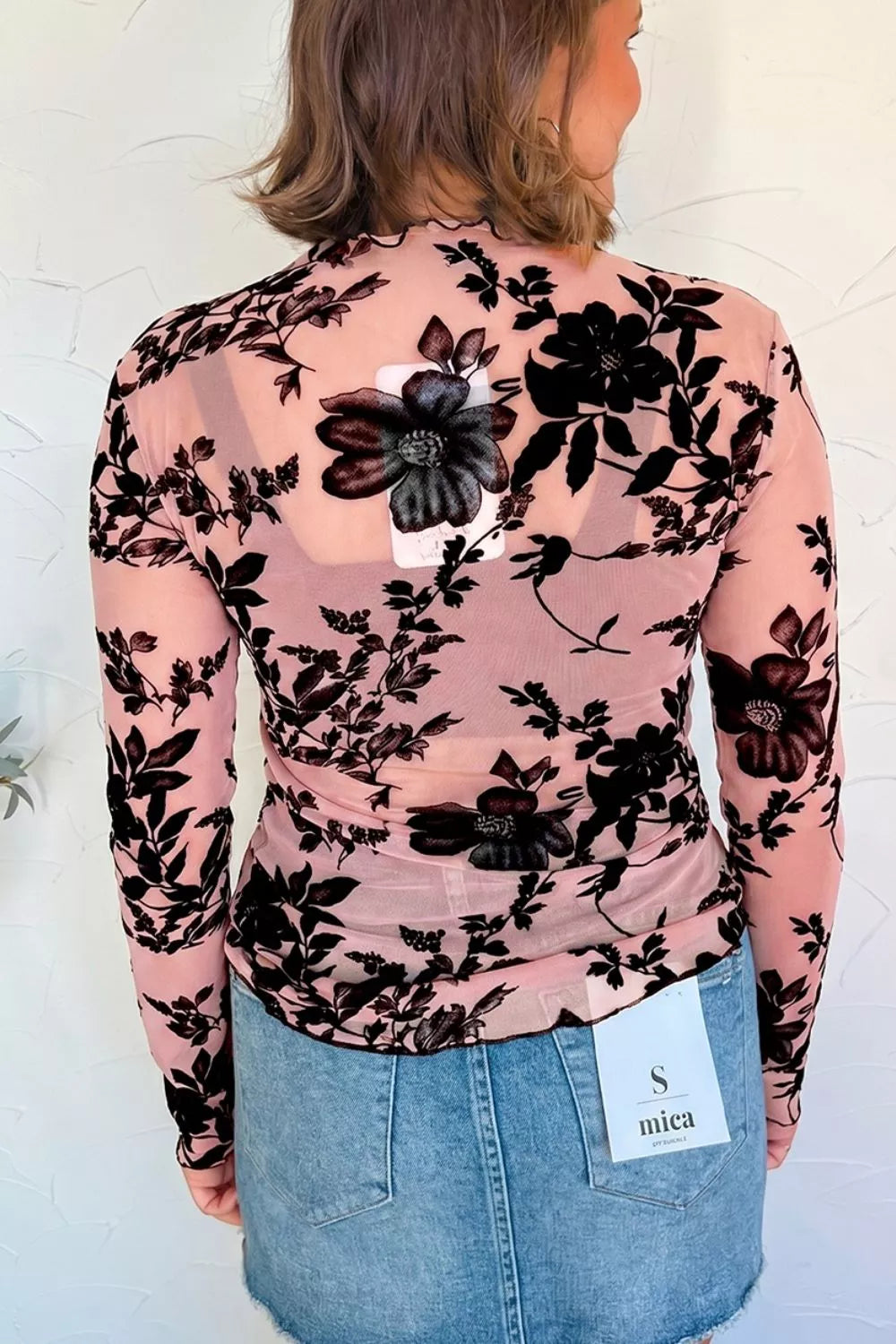 Floral Print Mesh Long Sleeve Blouse in Dusty Pink, model styling view