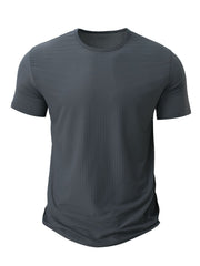 Men's grey crew neck active t-shirt with textured fabric and short sleeves.