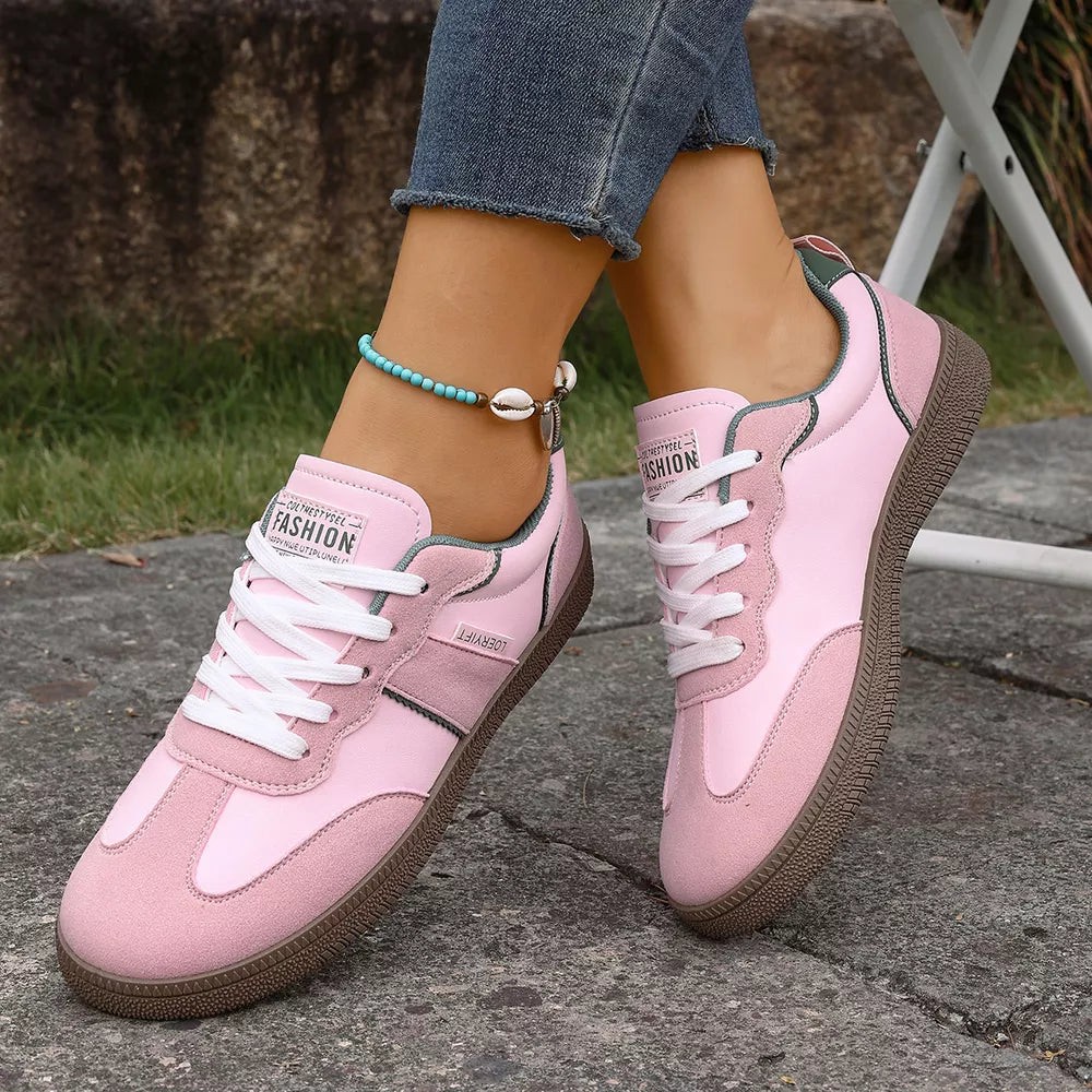 Round Toe Lace Up Sneakers in Wine Red, model styling view