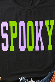 Black t-shirt with purple and green SPOOKY collegiate graphic print