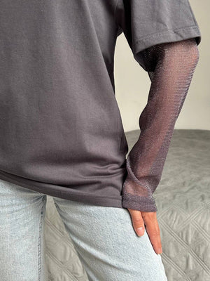Dark gray oversized tee with sheer sparkly sleeves