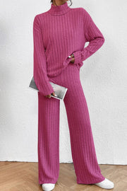 Hot Pink ribbed knit turtleneck lounge set with wide leg pants.