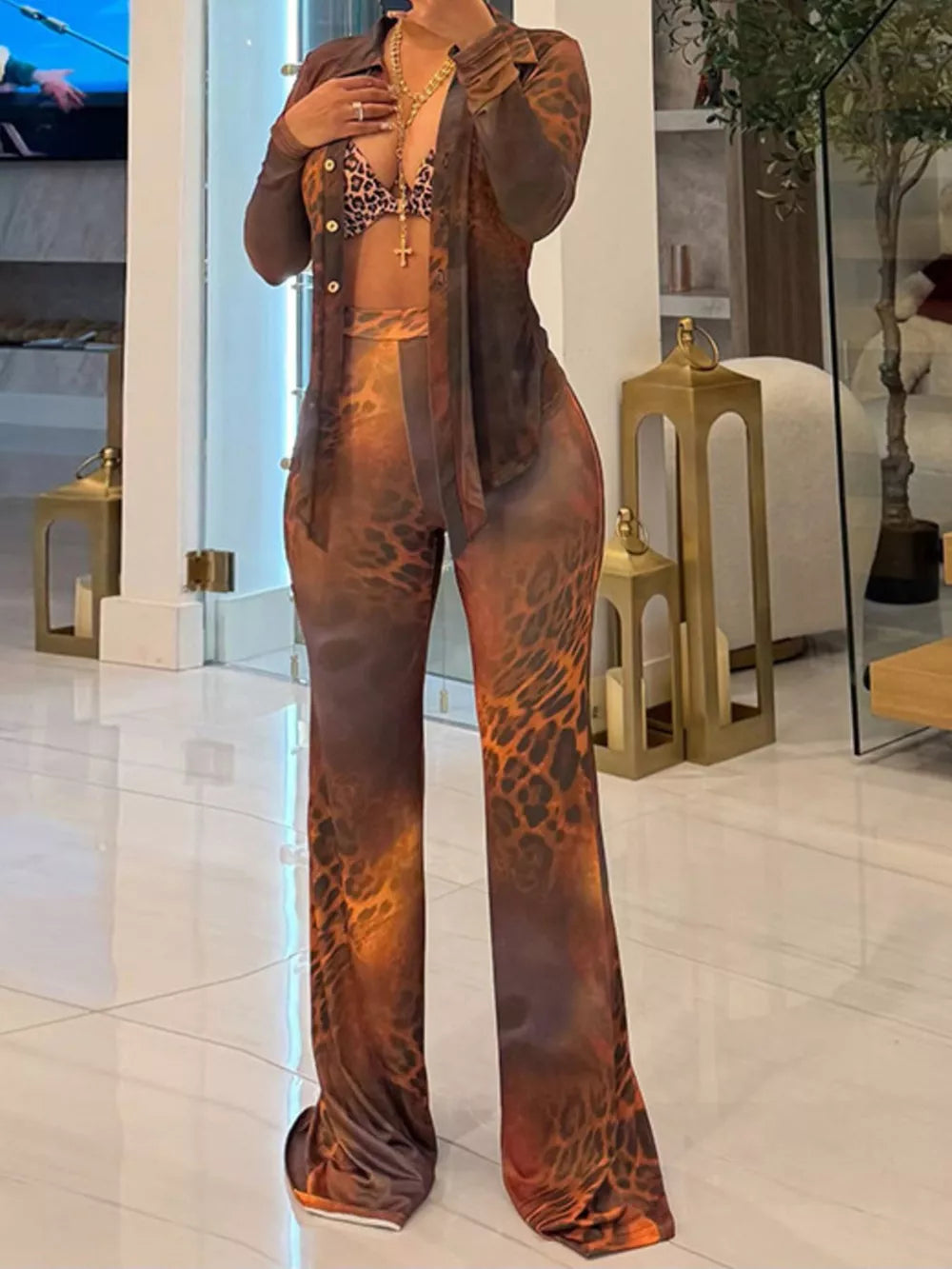 Printed Mesh Shirt And Pants Set in Sky Blue, back view