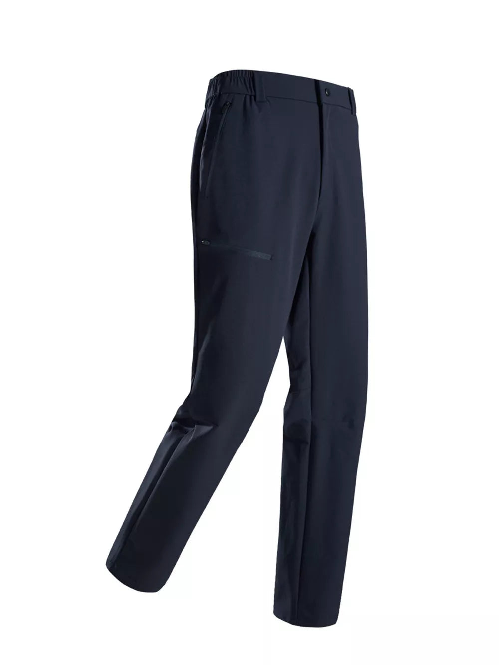 Navy blue men's sweatpants with zippered pockets and elastic waistband.