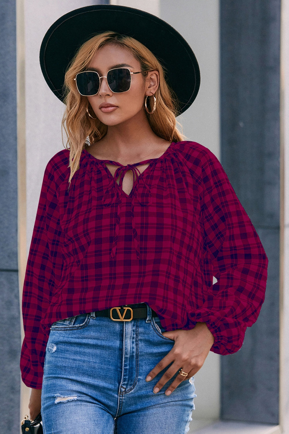 Burgundy plaid blouse with gathered neckline and balloon sleeves