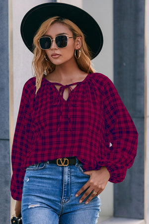 Burgundy plaid blouse with gathered neckline and balloon sleeves