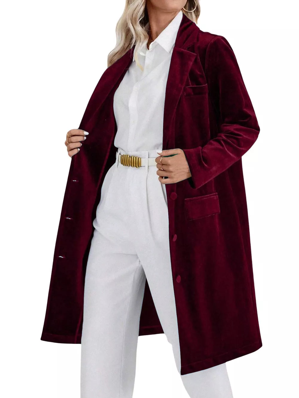 Burgundy velvet longline trench coat with lapel collar and button front.