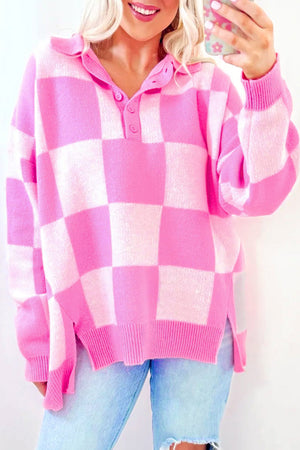 Checkered polo neckline knit sweater in fuchsia pink with button detail and side slits.