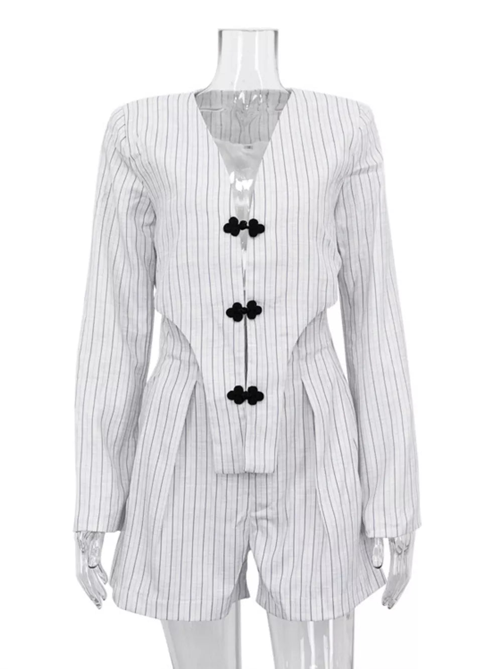 Pinstripe Cropped Blazer And Pleated Shorts Set in Light Gray, fabric detail