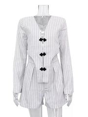 Pinstripe Cropped Blazer And Pleated Shorts Set in Light Gray, fabric detail