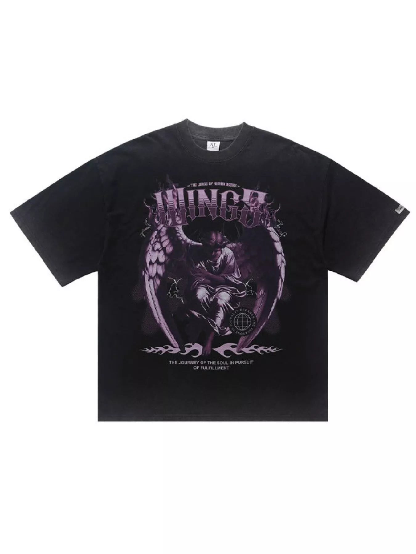 Oversized black graphic tee with angel and text print, cotton blend.