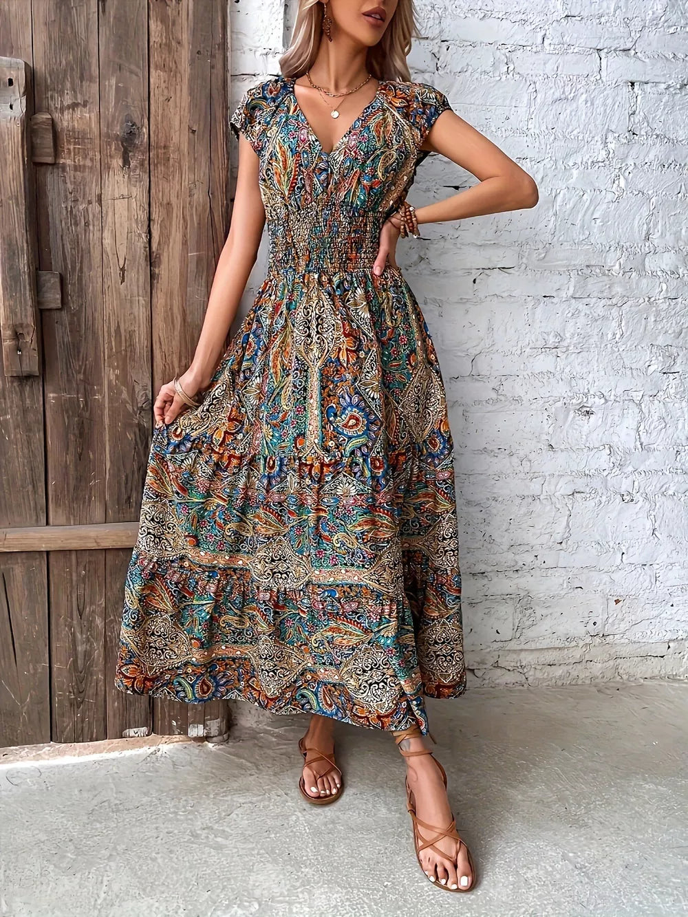 Vibrant tiered maxi dress with smocked bodice, V-neck, short sleeves, and paisley print.