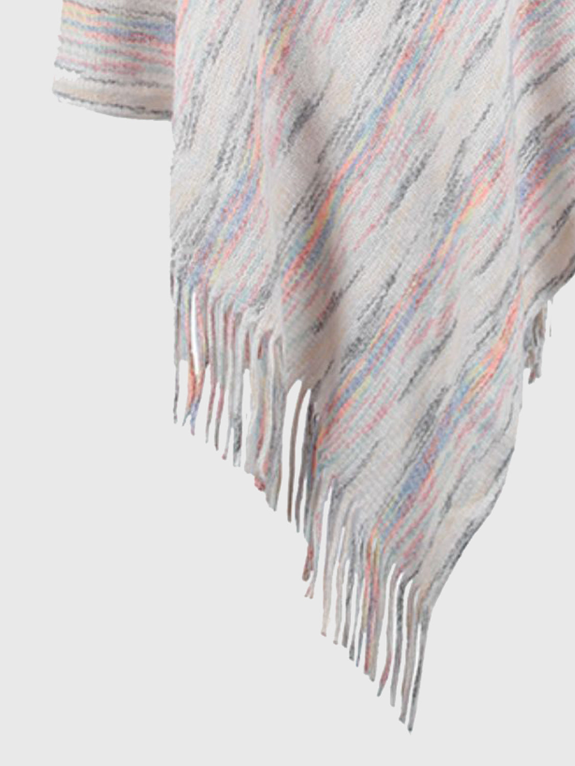 Hooded mélange cape in ivory with colorful yarn stripes and fringe detail