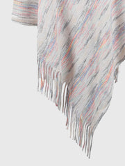 Hooded mélange cape in ivory with colorful yarn stripes and fringe detail