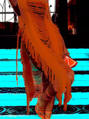 Orange distressed fringe midi dress with square neck and avant-garde cut.