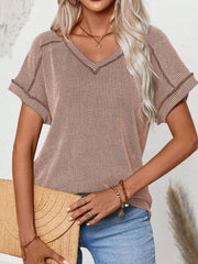 Ribbed V-neck tee in Camel with contrast stitching and short sleeves.