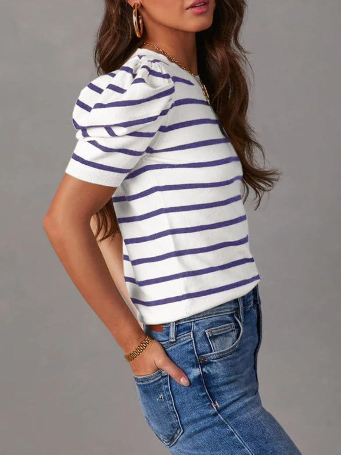 Striped knit puff sleeve tee in white with purple stripes, short sleeves, crew neck.