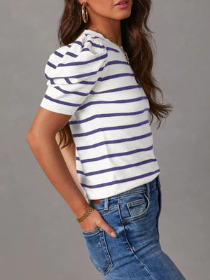 Striped knit puff sleeve tee in white with purple stripes, short sleeves, crew neck.