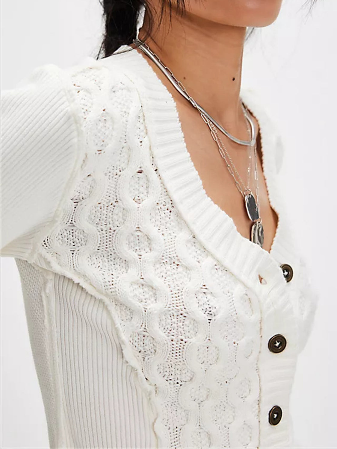 White 100% cotton cable knit button cardigan with ribbed details and a V-neck.