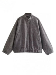 Dark Gray Bouclé Cocoon Jacket with snap closure and stand collar.