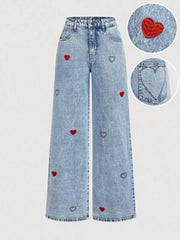 Button-down Embroidered Heart Wide-leg Jeans, front view