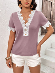 Waffle knit henley shirt in lilac with white lace trim and button detail.