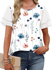 Layered ruffled sleeve t-shirt with a multicolor floral print.