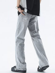 Relaxed fit light gray cotton jeans for men, shown from the back.