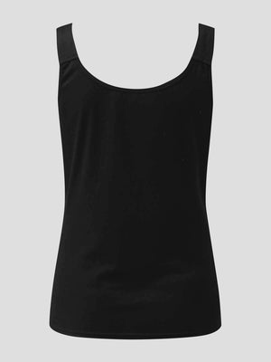 Black ribbed tank top with scoop neck and wide straps