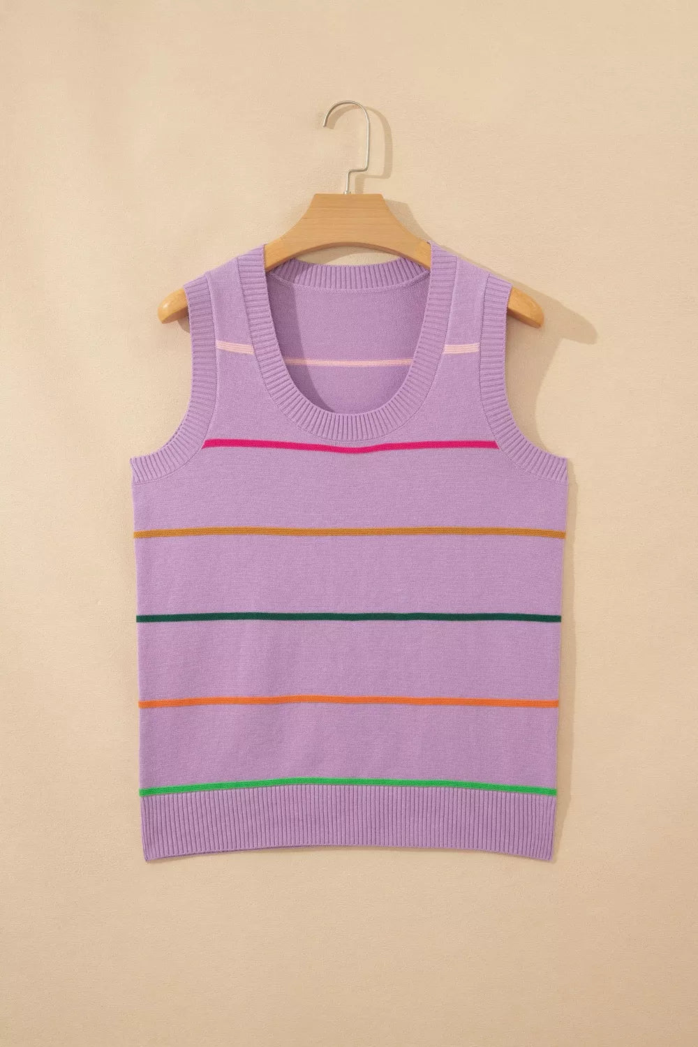 Lavender striped knit sweater vest with a scoop neck and ribbed hem.