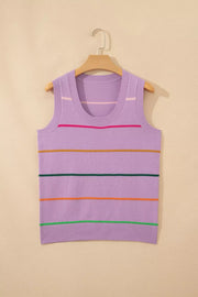 Lavender striped knit sweater vest with a scoop neck and ribbed hem.