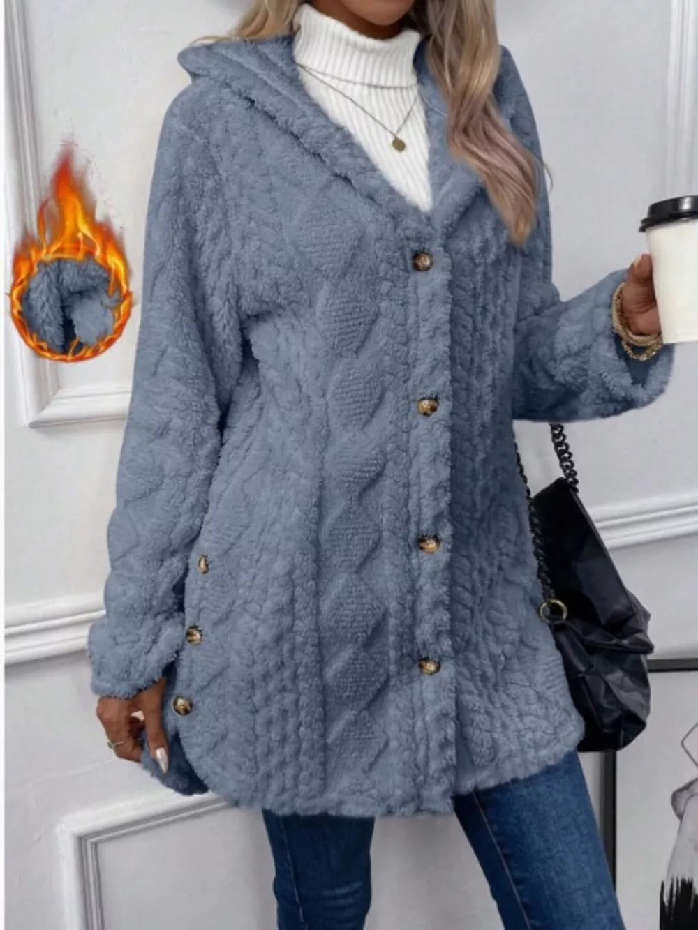 Blue hooded teddy trench coat with cable knit texture and button detail