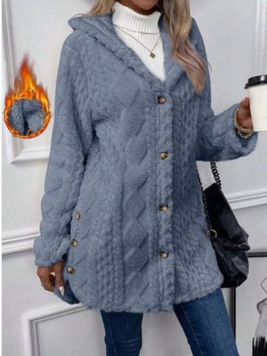 Blue hooded teddy trench coat with cable knit texture and button detail