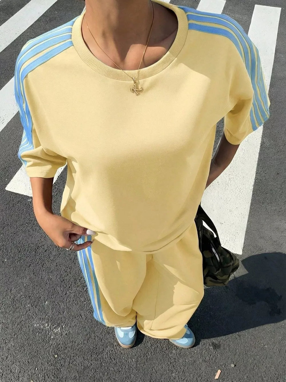 Striped Short Sleeve Top And Pants Set in Yellow, view 22