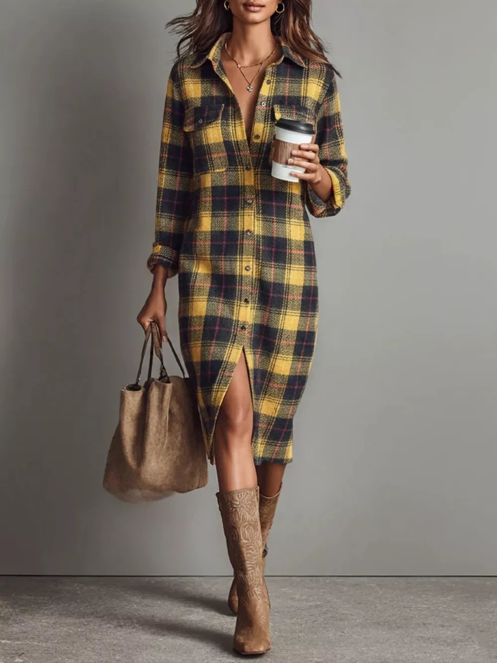 Plaid Shirt Dress With Side Slit in Yellow, front view