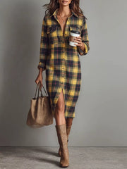 Plaid Shirt Dress With Side Slit in Yellow, front view