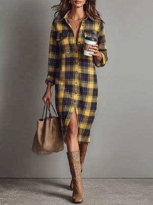Plaid Shirt Dress With Side Slit in Yellow, front view